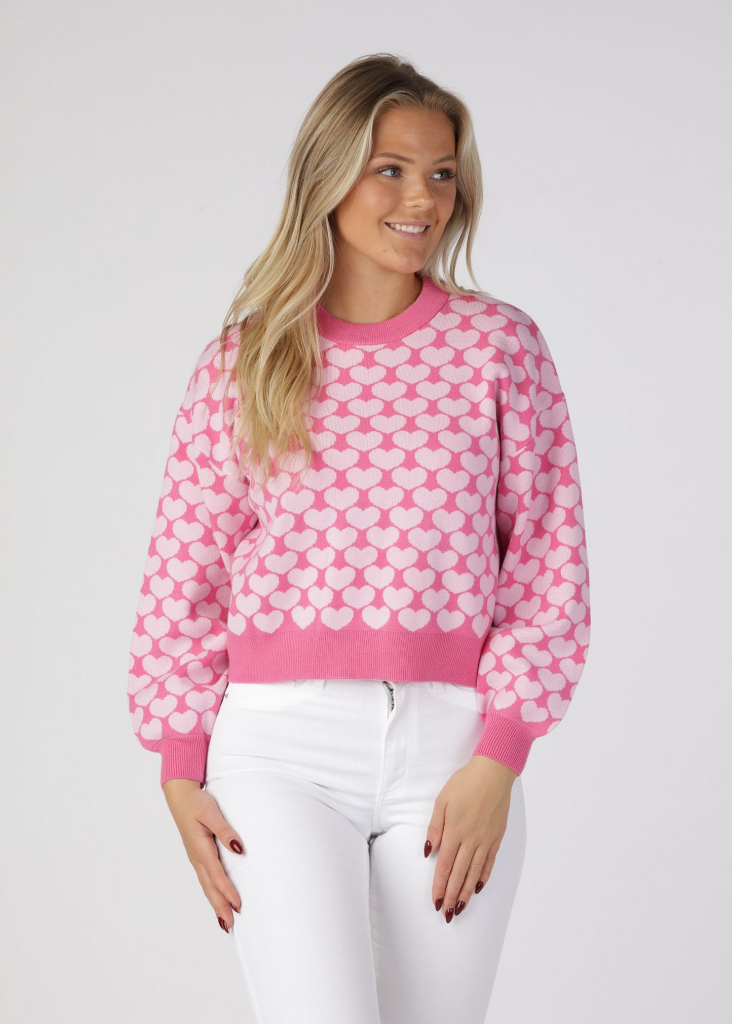 Charlott L/S O-Neck Knit - Pink Hearts - for kvinde - NOISY MAY - Trøjer